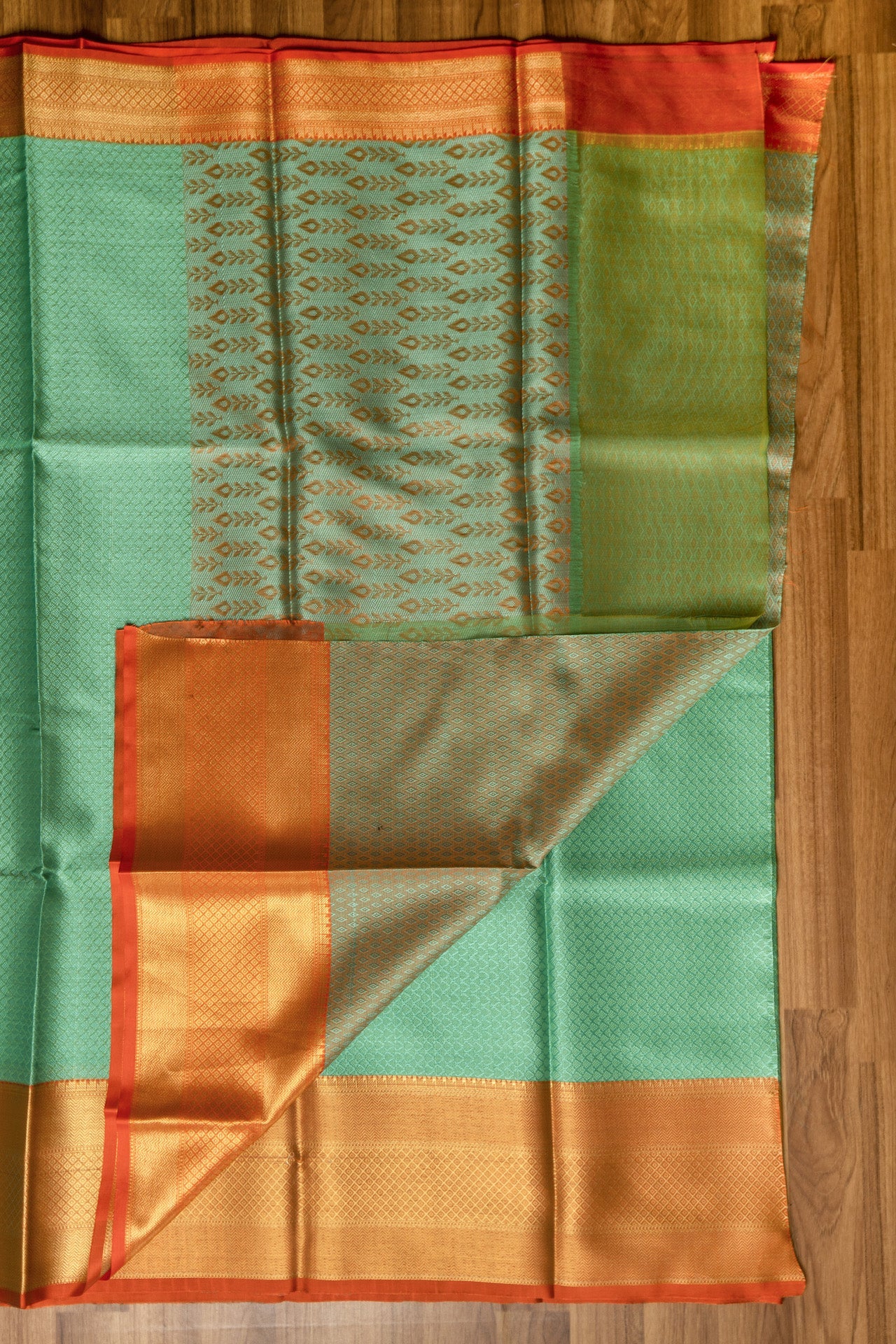 Rama Green & Orange Big Border Kora Muslin Saree