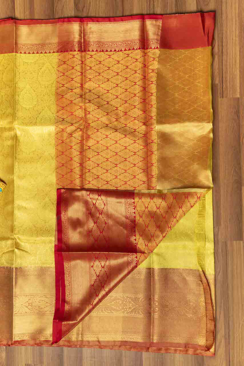 Yellow &  Red Tissue saree