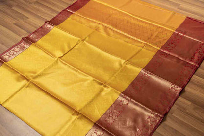 Golden Yellow & Maroon Big Border Kora Muslin Saree