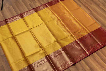 Golden Yellow & Maroon Big Border Kora Muslin Saree