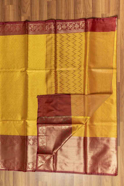 Golden Yellow & Maroon Big Border Kora Muslin Saree