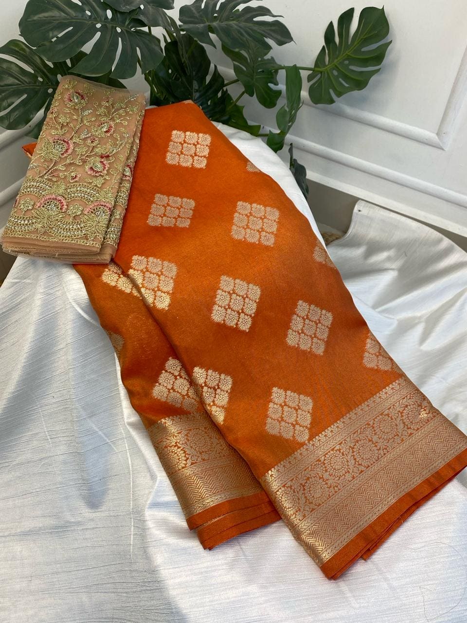 Orange Warm Silk Saree with work blouse combo