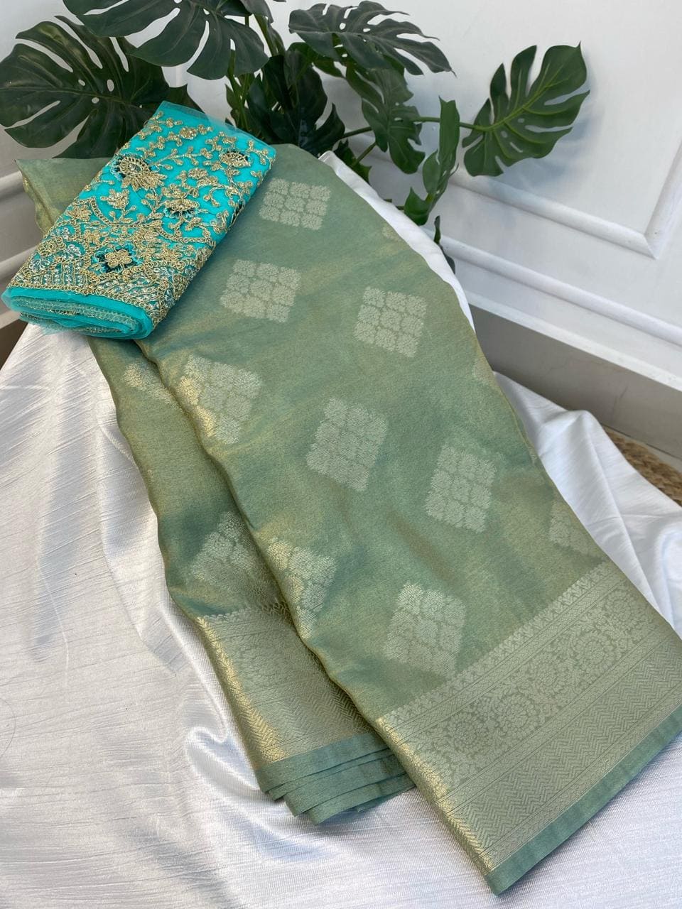 Greenish blue Warm Silk Saree with work blouse combo