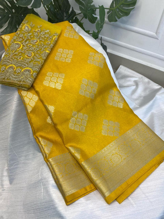 Mango Yellow Warm Silk Saree with work blouse combo