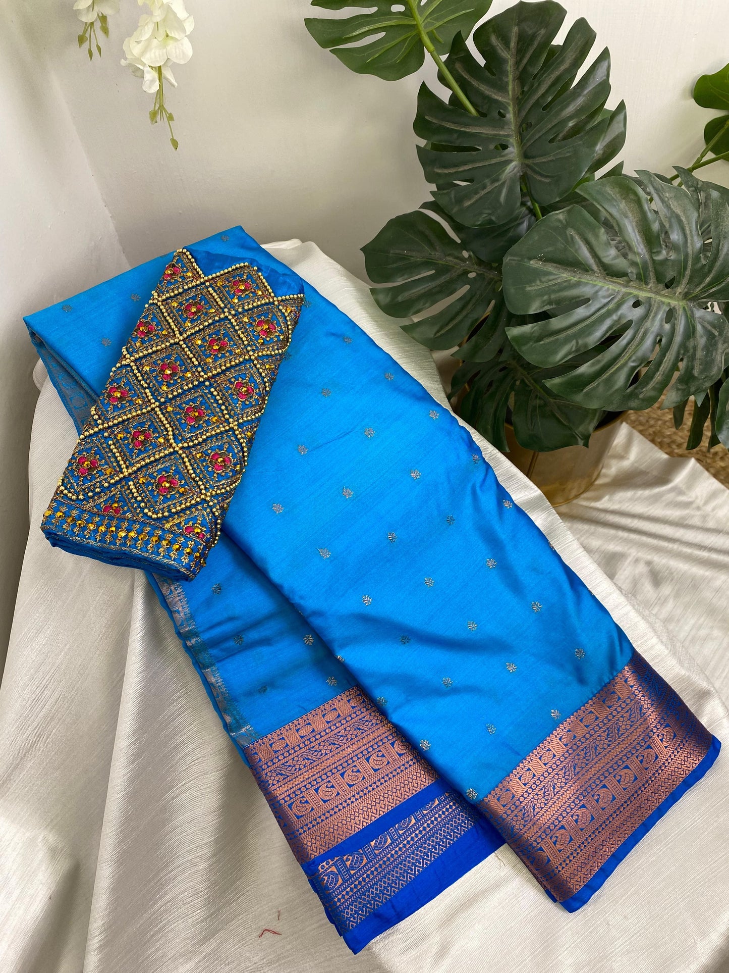 Light Blue Premium Semi Silk Saree with Work Blouse Combo