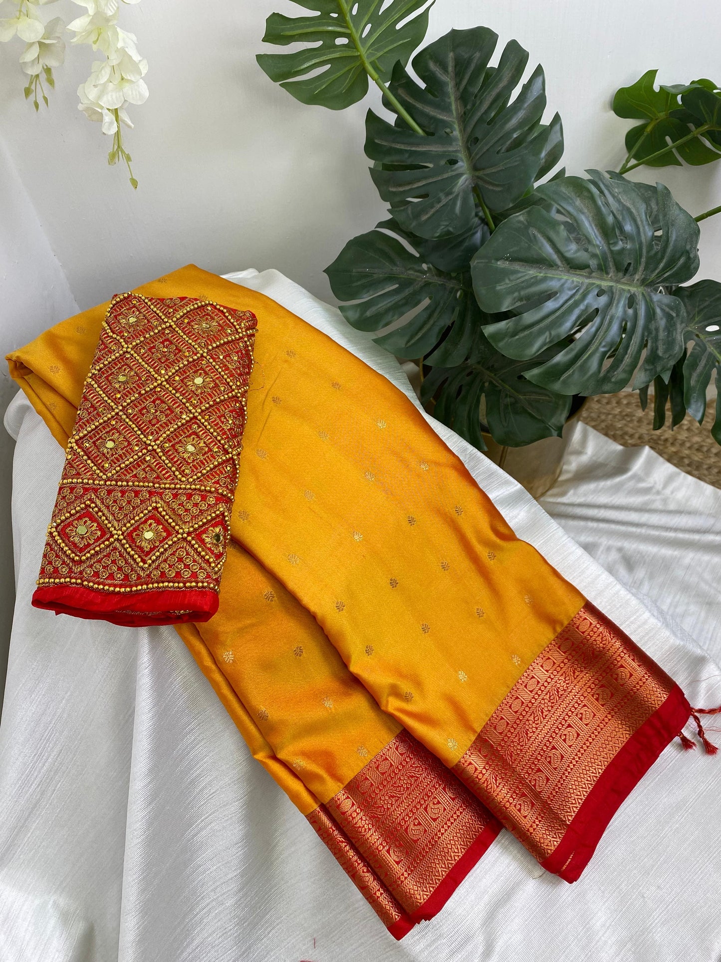 Yellow Premium Semi Silk Saree with Work Blouse Combo