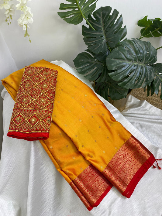 Yellow Premium Semi Silk Saree with Work Blouse Combo