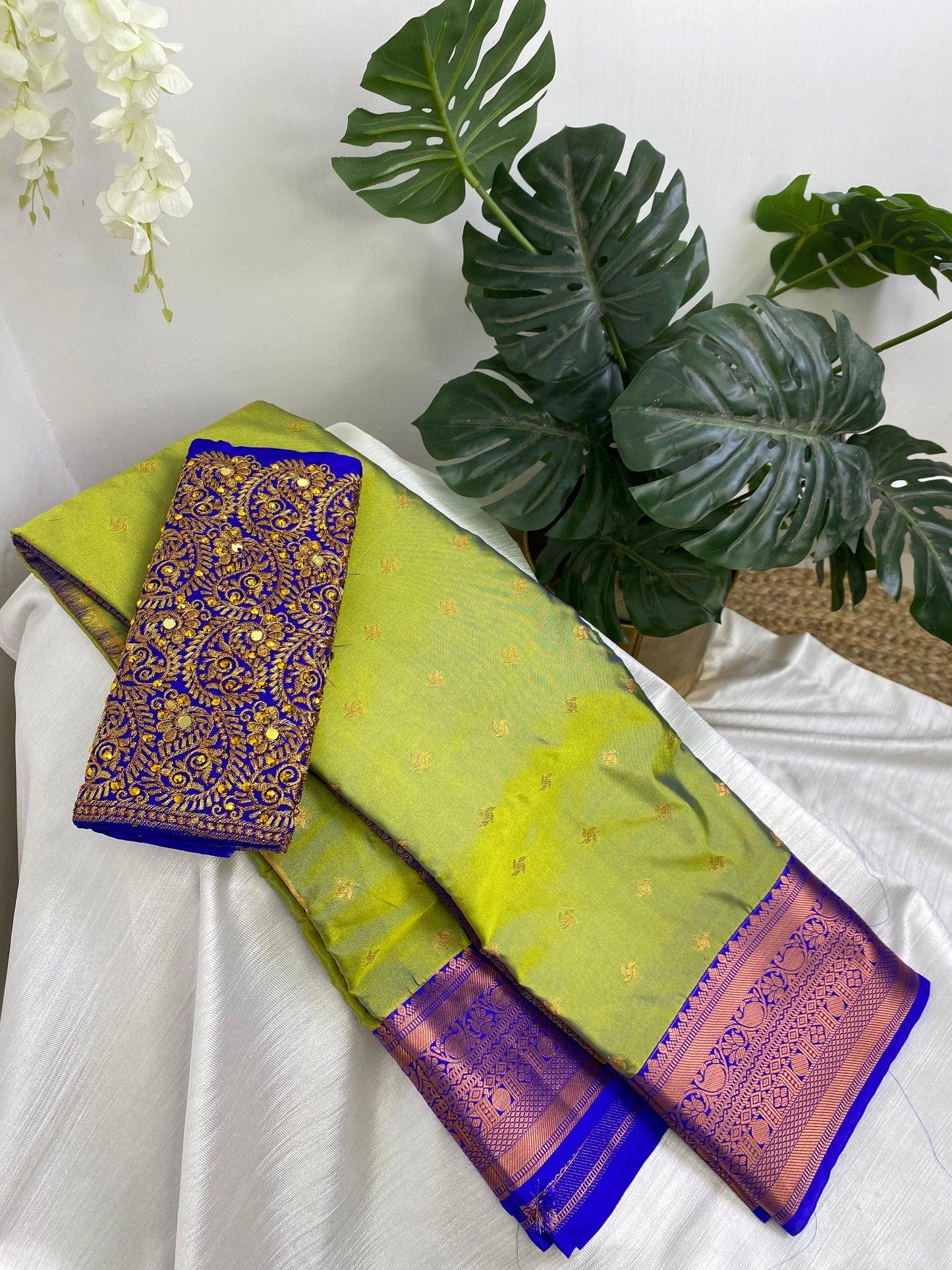 Light Green Premium Semi Silk Saree with Work Blouse Combo