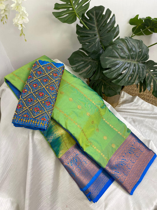 Light Ramagreen Premium Semi Silk Saree with Work Blouse Combo