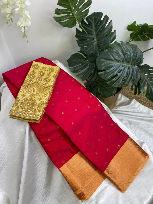 Red Premium Semi Silk Saree with Work Blouse Combo