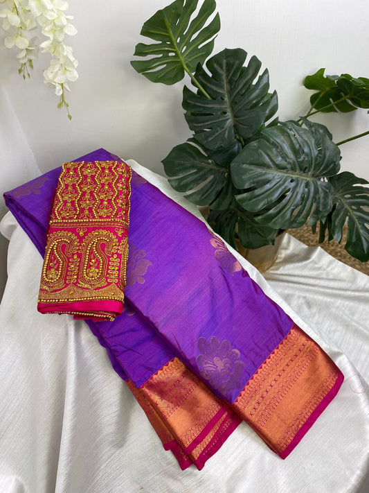 Purple Premium Semi Silk Saree with Work Blouse Combo