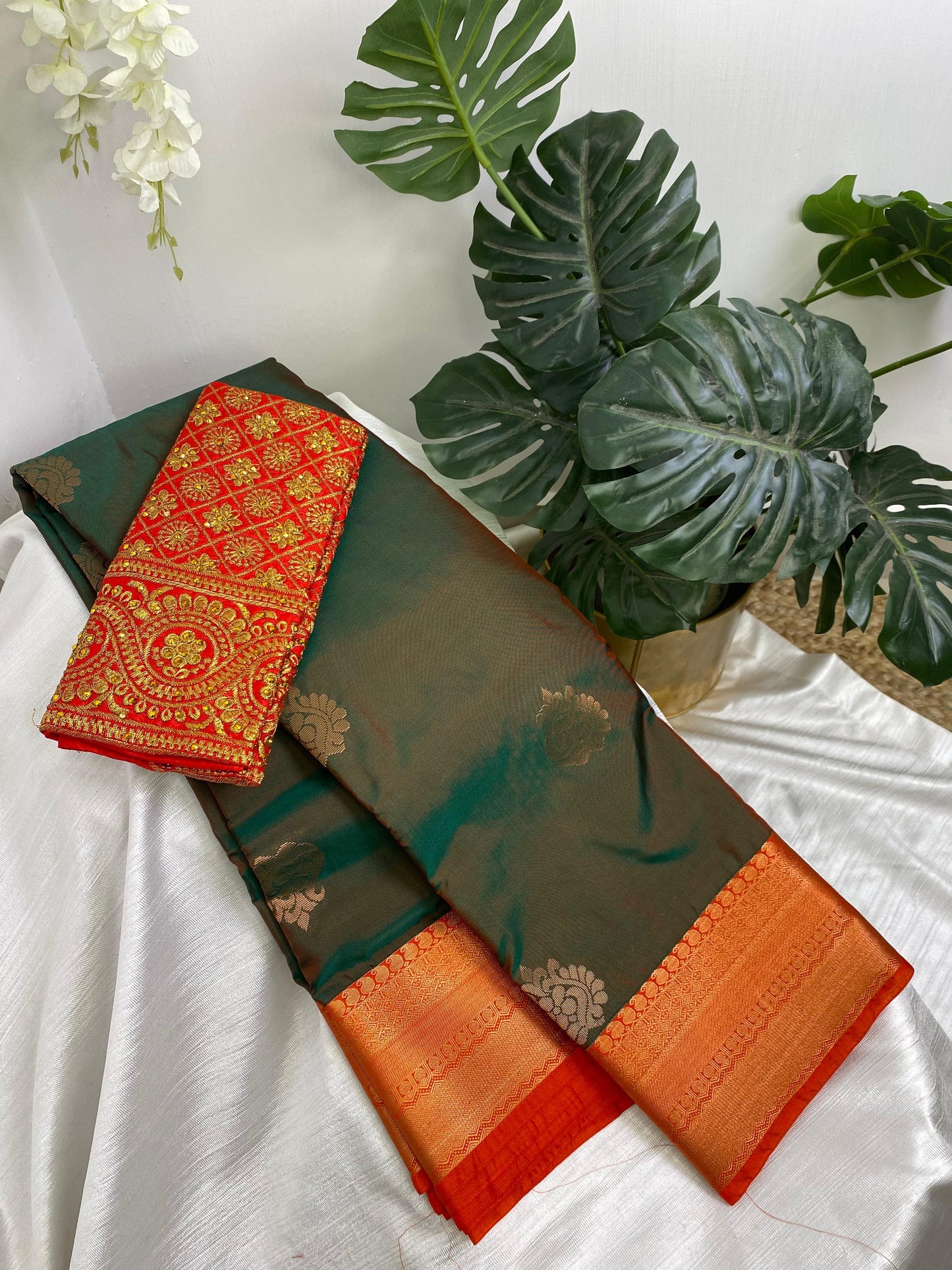 Green Premium Semi Silk Saree with Work Blouse Combo