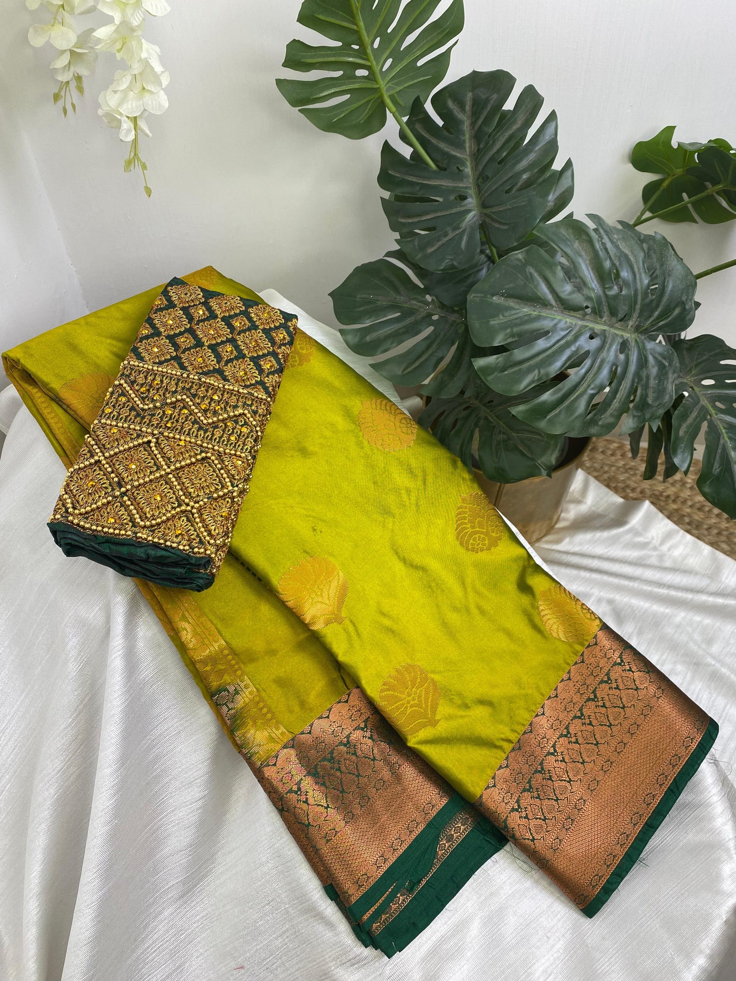 Mehendi Green Premium Semi Silk Saree with Work Blouse Combo