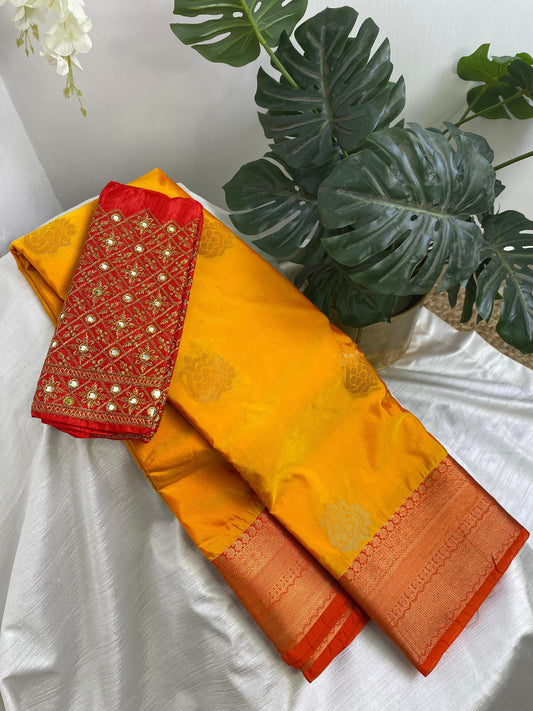 Yellow Premium Semi Silk Saree with Work Blouse Combo