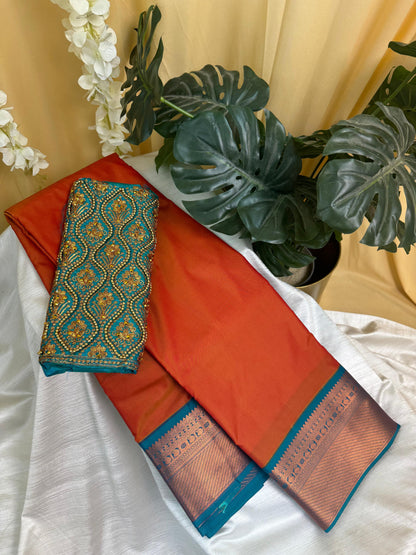 Tomato Orange Semi Silk Saree with Work Blouse Combo