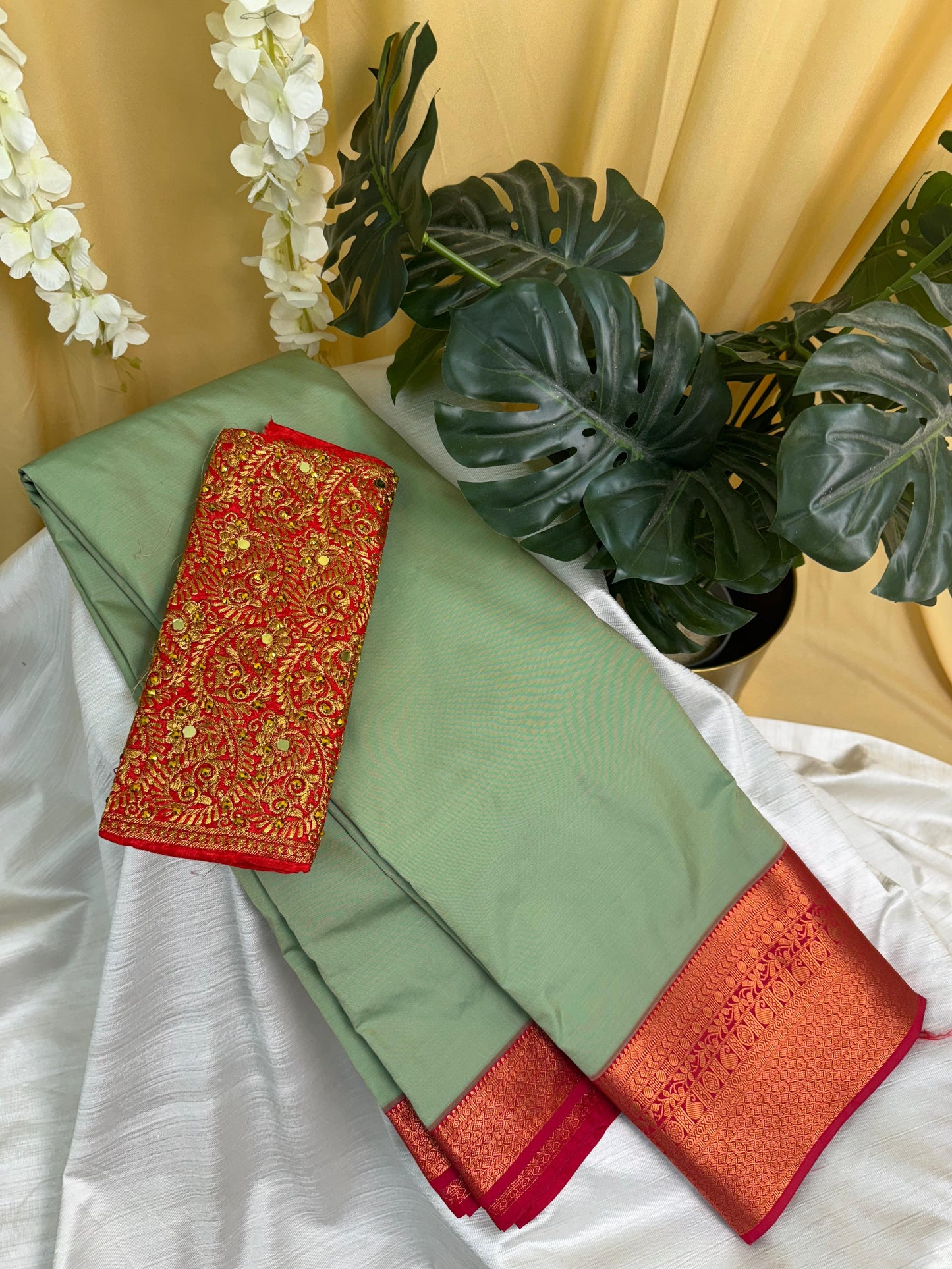 Light Green Semi Silk Saree with Work Blouse Combo