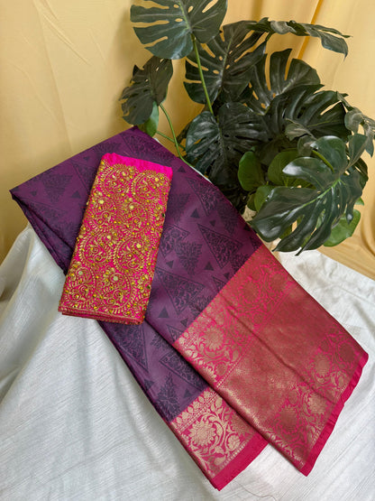 Purple & Pink Big Border Kora Muslin Saree with Work blouse combo