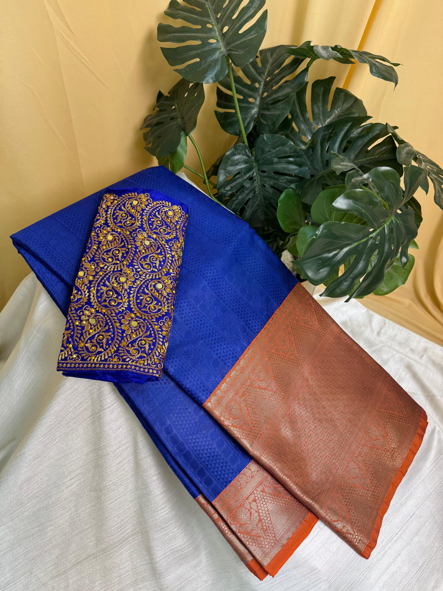 Royal Blue & Orange Big Border Kora Muslin Saree with Work blouse combo