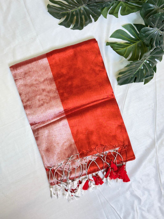 Silver Red with Red Dual Tone Plain Tissue Saree