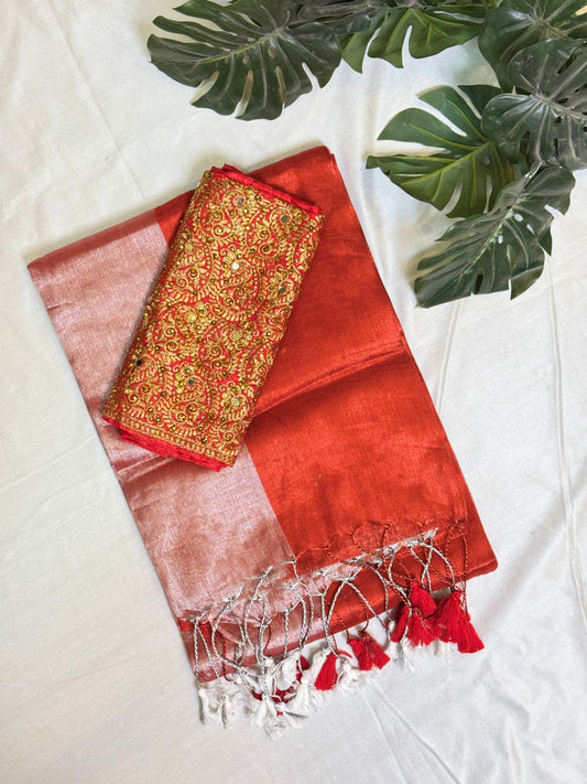 Silver Red with Red Dual Tone Plain Tissue Saree with work Blouse Combo