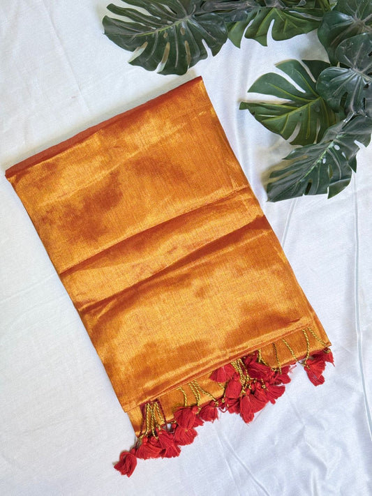Orange Red Tassel Plain Tissue Saree