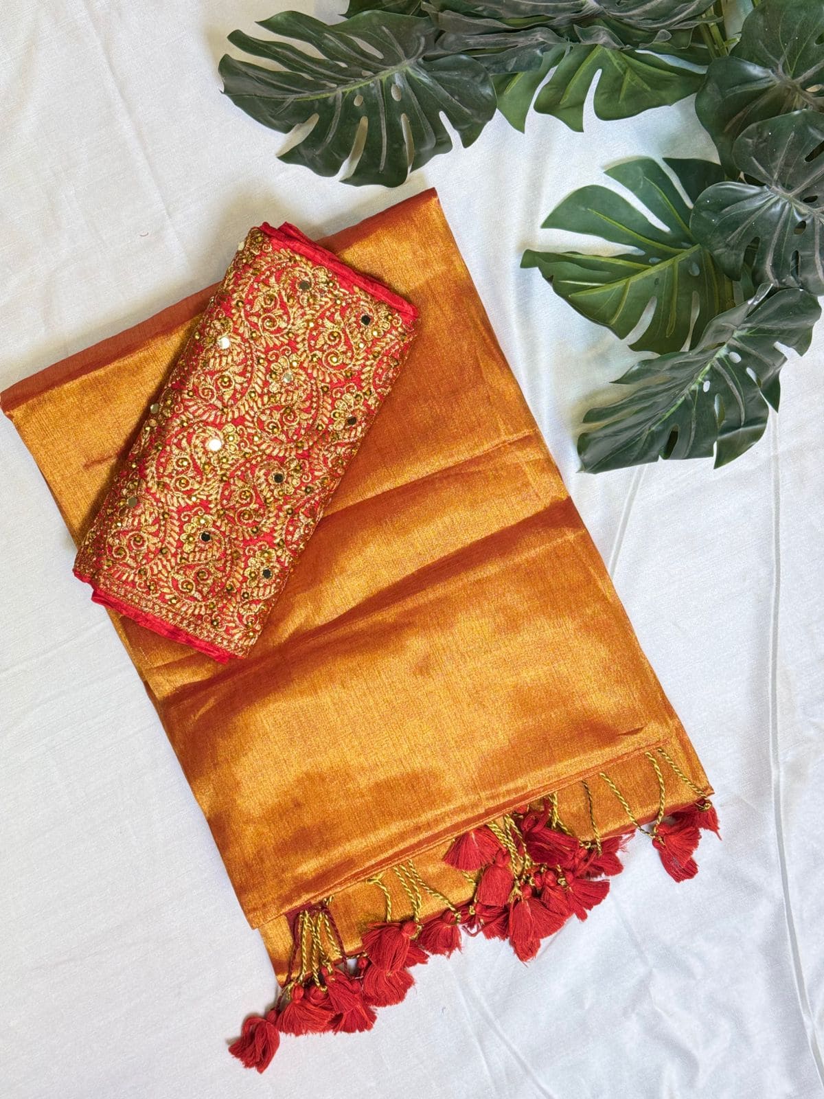 Orange Red Tassels Plain Tissue Saree Combo With Work Blouse.