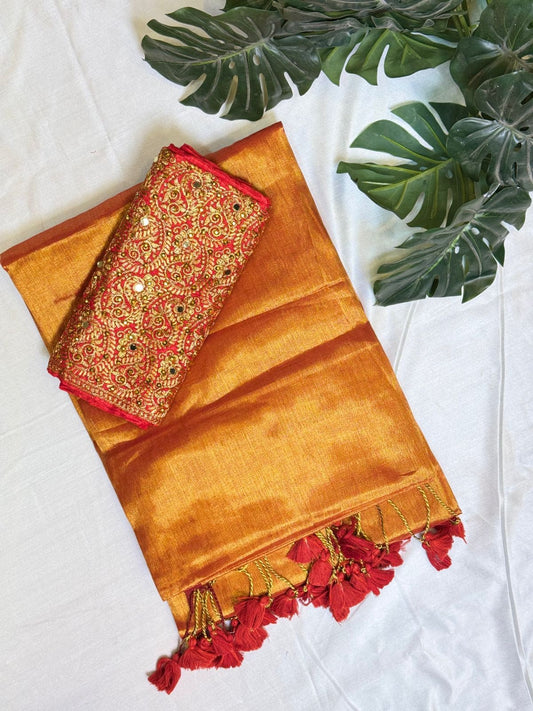 Orange Red Tassels Plain Tissue Saree Combo With Work Blouse.