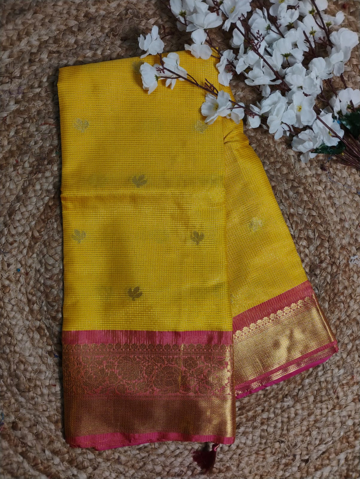 Yellow with Pink Semi Silk Saree