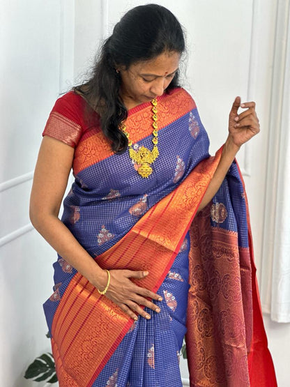 Navi Blue Red Katan Silk Saree