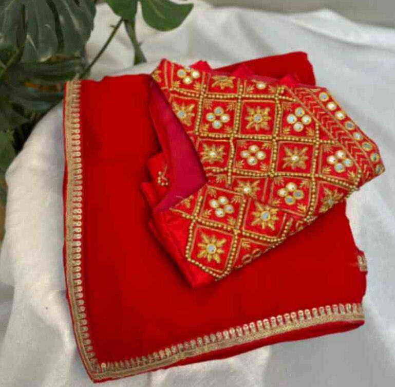 Red Designer Saree with Work Blouse Combo