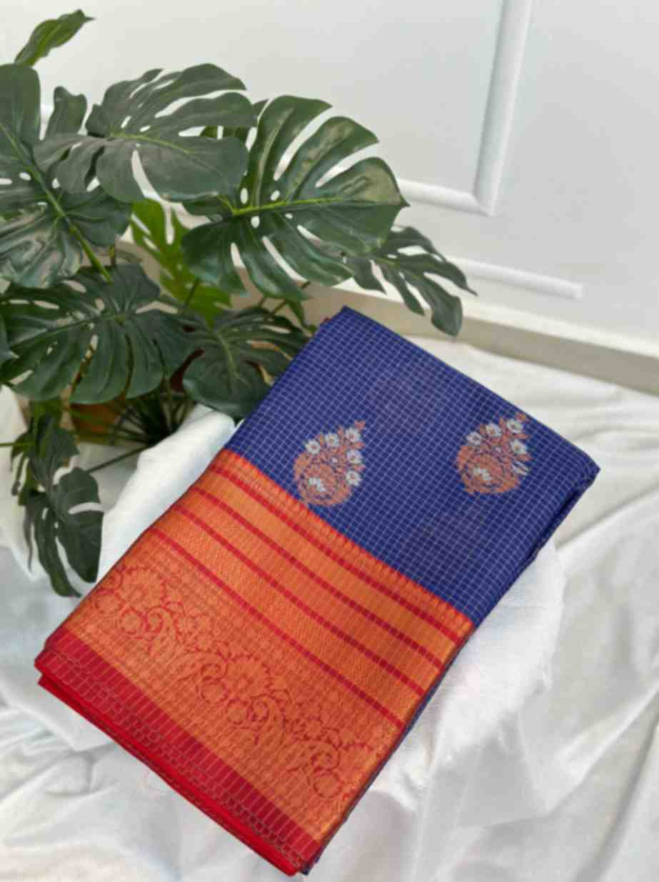 Navi Blue Red Katan Silk Saree