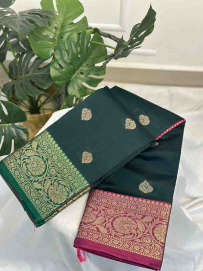 Green Banarasi Silk Saree with Pink & Green Ganga Jamuna Border