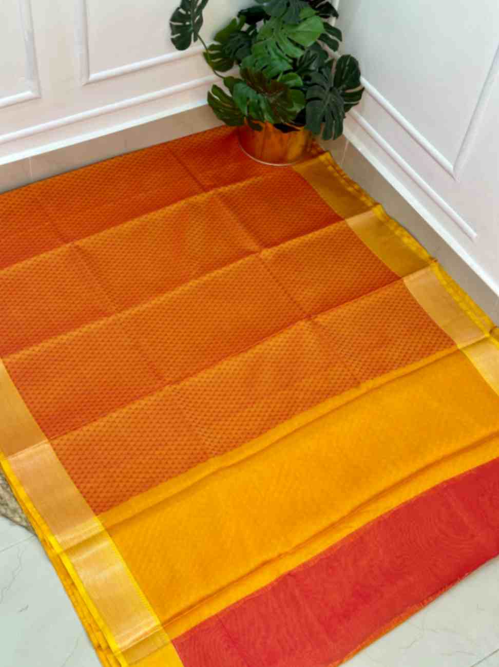 Orange Yellow Kora Muslin Saree with Work blouse combo