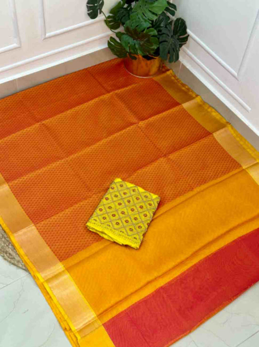 Orange Yellow Kora Muslin Saree with Work blouse combo