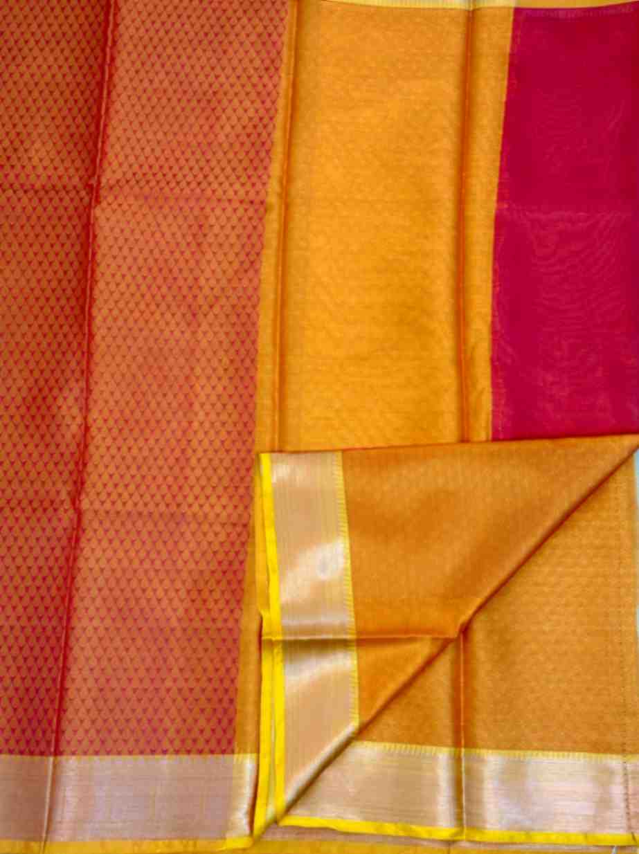 Orange Yellow Kora Muslin Saree with Work blouse combo