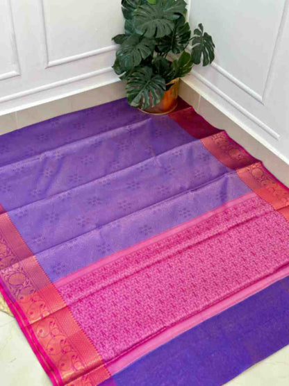 Lavender Pink Big Border Kora Muslin Saree